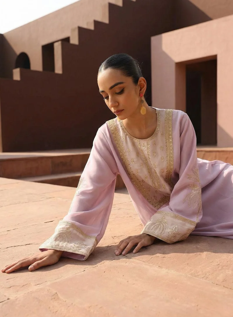 ISHIN  Lilac Zari Embroidered Colourblock Abaya for Women | Best Price UAE